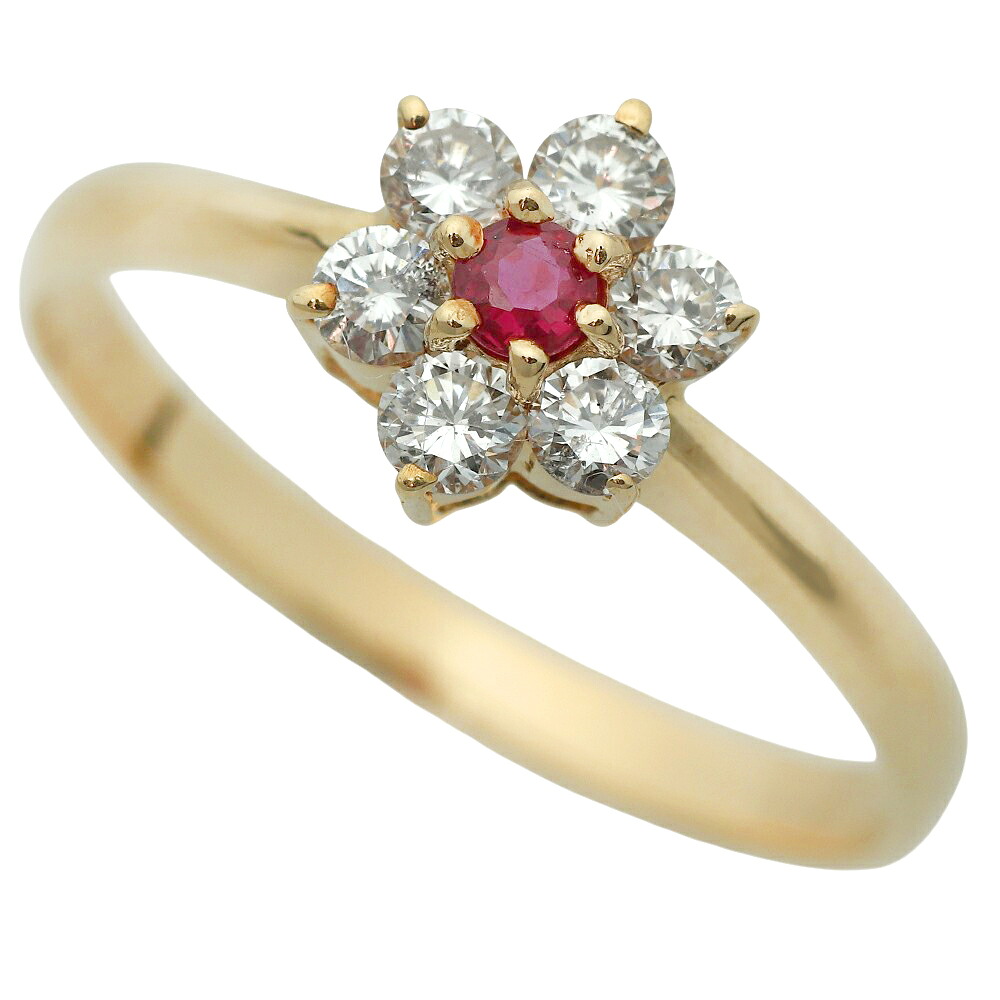 【本物保証】 鑑付 新品同様 リング 指輪 1.6g K18YG ルビー 0.07ct メレダイヤ 0.24ct 9.5号 フラワー 花型 キレイ ノーブランド No brand 【中古】