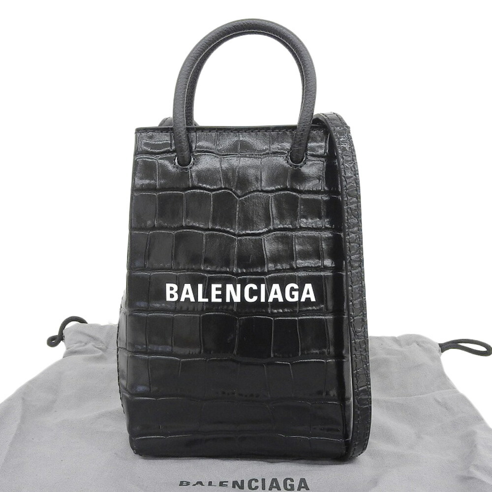 【本物保証】 布袋付 バレンシアガ BALENCIAGA ショッピング フォンホルダーバッグ 593826 ショルダーバッグ クロコ型押し ブラック 【中古】