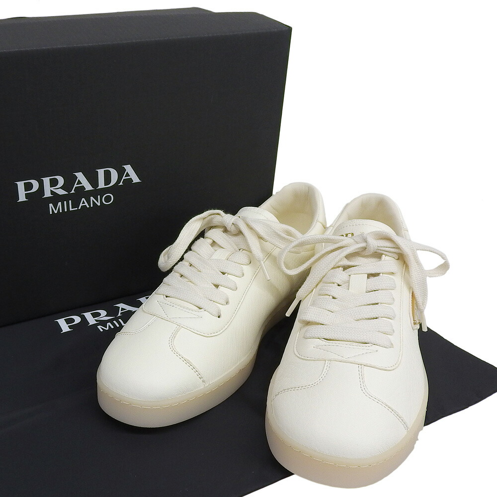【本物保証】 箱・布袋付 新品同様 プラダ PRADA トライアングルロゴ ローカット スニーカー 2EE394 6(約25cm) メンズ 靴 レザー ホワイト 【中古】