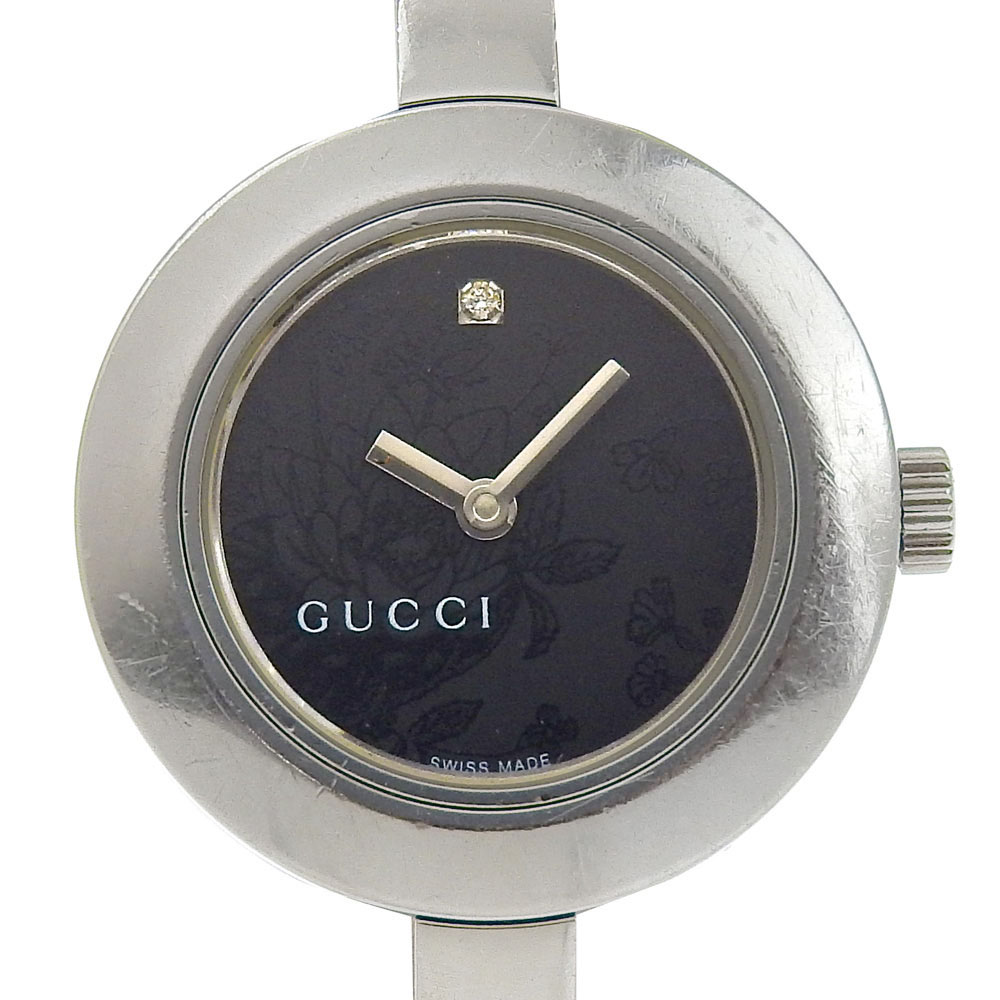 【本物保証】 箱・保付 グッチ GUCCI 105 フラワー文字盤 黒文字盤 1Pダイヤ SS クォーツ 電池 約25ミリ レディース 腕時計 2針 【中古】