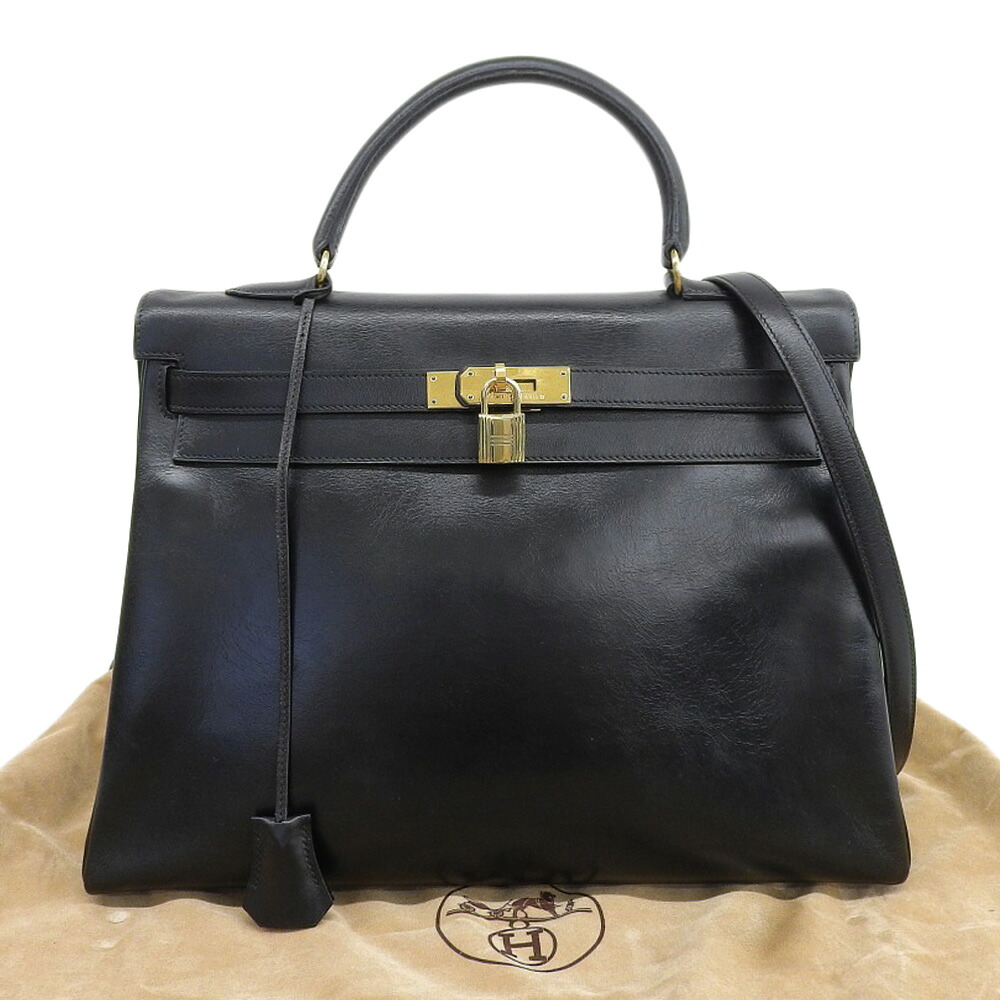 【本物保証】 布袋付 エルメス HERMES ケリー35 〇X刻印 2WAYバッグ ボックスカーフ ブラック GP金具 内縫い 【中古】