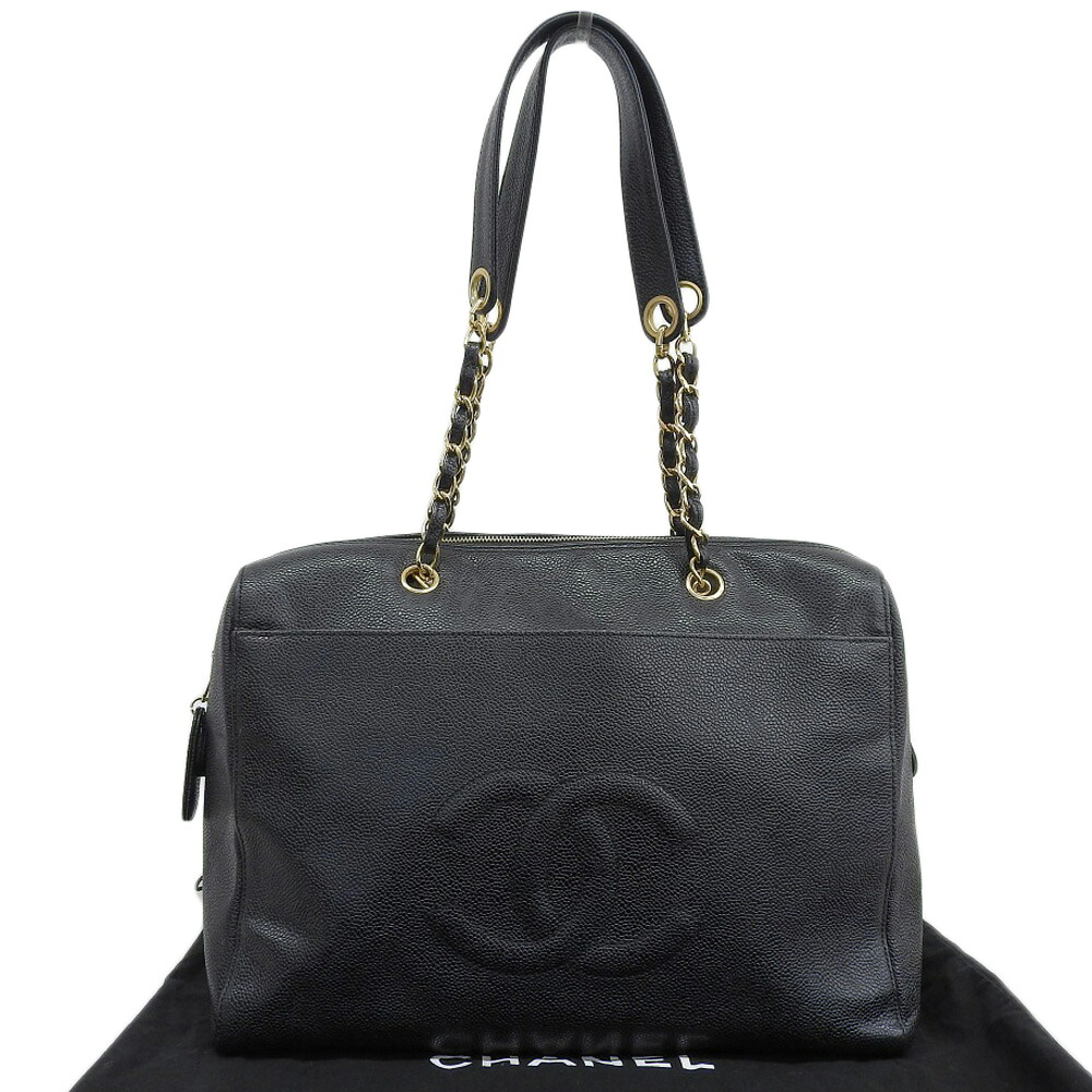 【本物保証】 布袋付 シャネル CHANEL チェーンショルダーバッグ A10492 シール付5番台 トートバッグ キャビアスキン 黒 ロゴ ヴィンテージ 【中古】