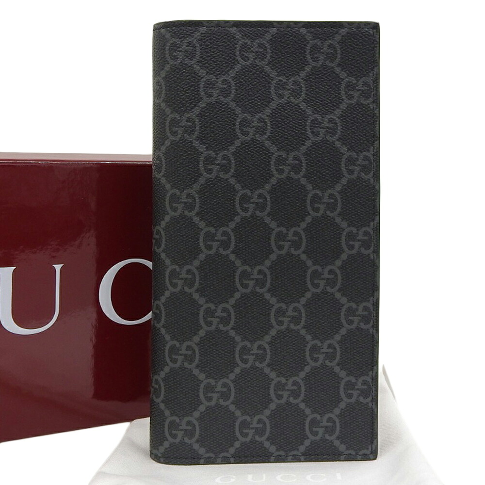 【本物保証】 箱・布袋付 新品同様 グッチ GUCCI GGエンブレム 二つ折り長財布 821213 496334 ブラック ロゴ 【中古】