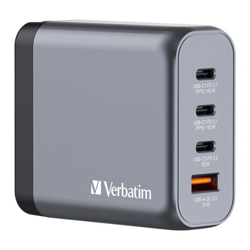 Verbatim(バーベイタム)PD140W対応【海外使用対応】チャージャーAC充電器USBx4ポート装備(USB-Cx3、USB-Ax1)32203次世代素材GaN採用急速充電(PPS)対応ACアダプター新型GaN