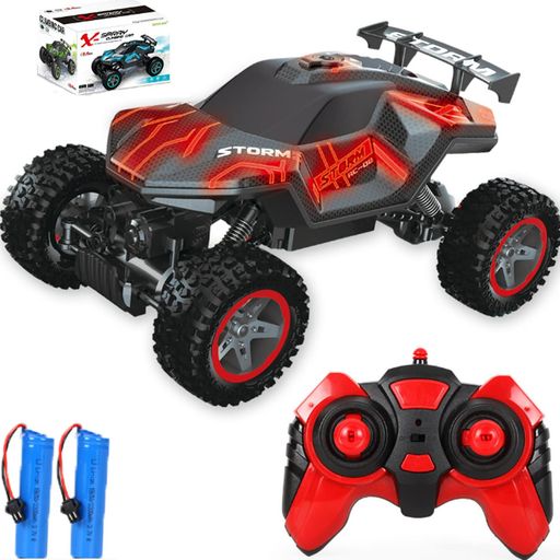 ラジコンカーこども向けオフロードスタントカーRCカー操作時間70分4WD四輪駆動1/16五つライトモード水スプレーUSB充電式LED搭載玩具子供車のオモチャ贈り物【付2*充電池】(レッド)