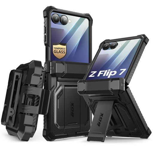 i-BlasonSamsungGalaxyZFlip7用容れもの照明ランプ付き添い人[映写幕プロテクター内蔵][蝶つがい保護すること][三尺帯ゼムクリップ]、SamsungZFlip7(版行)用フルボディミリタリー保護すること電話を掛ける容れもの(黒いこと)