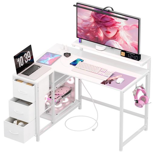 LunarLight パソコンマイコン事務机 幅108奥ふかさ80高さ85-108.5糎 テレ細工物 L型事務机・決定づける組み換え親しさ 管する台の高さ合わせる能力のある 抽き出しと差し込み付き添い人 納める其れは其れは ゲーミングデスク 執務室…