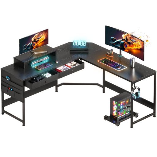 YeTom ゲーミングデスク125cm x 125cm l字デスク pcデスク収納袋付き学習机 作業机引き出し付きデスク L字型 PC 勉強机 作業 在宅勤務 黒い｜ショップ内本町店