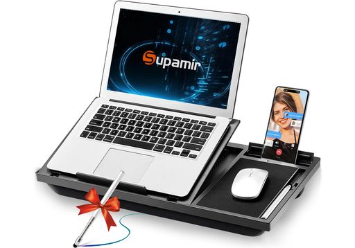 Supamir膝上テーブルクッションテーブル角度/高さ調節可、ベッド用ノートパソコンスタンドソファ用PCテーブル、マウスパッド付き、スマホホルダー付き、15.6インチ迄のノートPCに対応(ブ…