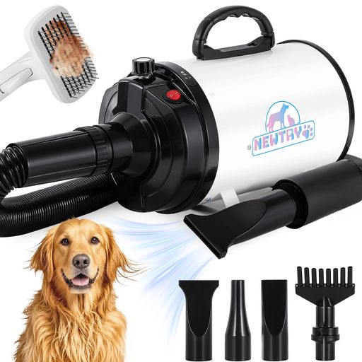 NEWTRYペットドライヤー犬用ペット用ドライヤーブロワー送風機無段階速度制御3つのノズル付きブラシ付き風速、温度調整可能大風量騒音低減100V50Hz/60Hz650-1800W(白)
