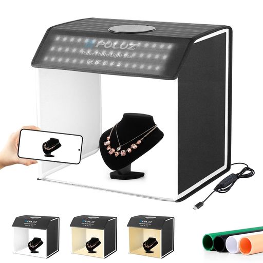 PULUZ撮影ボックス42x42x32cm撮影ブース折り畳み物撮りセット320個LEDビーズ/超高輝度/3色温度/無段階調光/4色PVC背景/ディフューザー付き卓上写真撮影キット物撮り用ボックスプラモデル撮影…