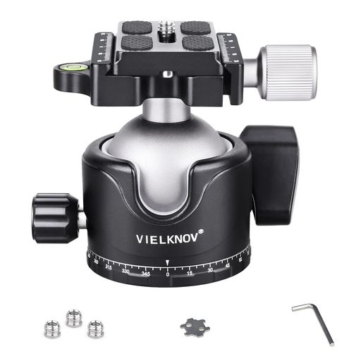 VIELKNOV46mm低重心ボール雲台アルミ360度回転ボールヘッドパノラマアルカスイス互換クイックシュー自由雲台3/8”-1/4”ネジアダプター付き一眼レフDSLRビデオカメラ用最大耐荷重20Kg