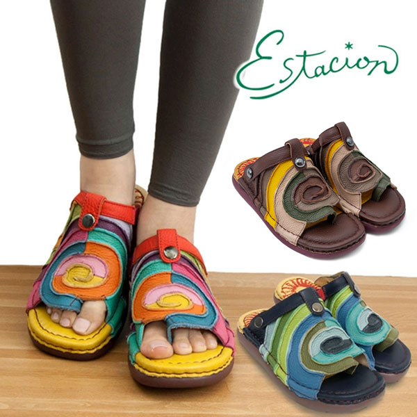 estacion エスタシオン TG040 レディース ２WAYサンダル  本革  ミュール クロッグ うしろ側ダンス楽隊 コンフォートシューズ 心地よい 平べったい  置き目踵 疲れにくい 下駄風 エスニック 派手 本皮 なめし革 マルチ 青碧 赤銅色