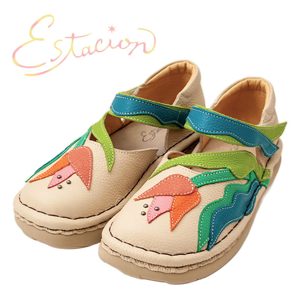 estacion TGE499 レディース シューズ 本革 お花モチーフ チューリップ コンフォートシューズ クッションインソール 中敷ふかふか 春の新作 セパレートタイプ マジックテープ ローヒール 脱ぎ履き楽 人気商品 レザー アイボリーマルチ /RS/MR|ショップAnnie