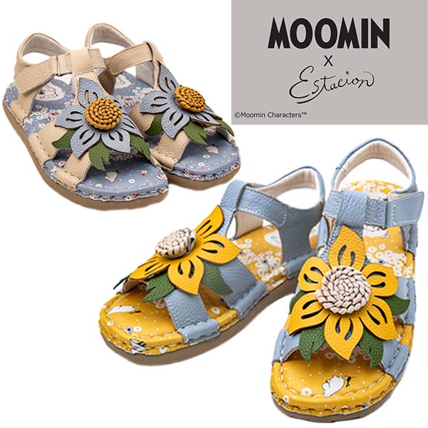 estacion エスタシオン TGE590 レディース サンダル 本革 MOOMIN ムーミン 新作 マジックベルト 調節 厚底 かわいい 疲れにくい フラットソール ふかふか 人気ブランド カジュアル 可愛い アイボリー ライトブルー /DC/MR画像