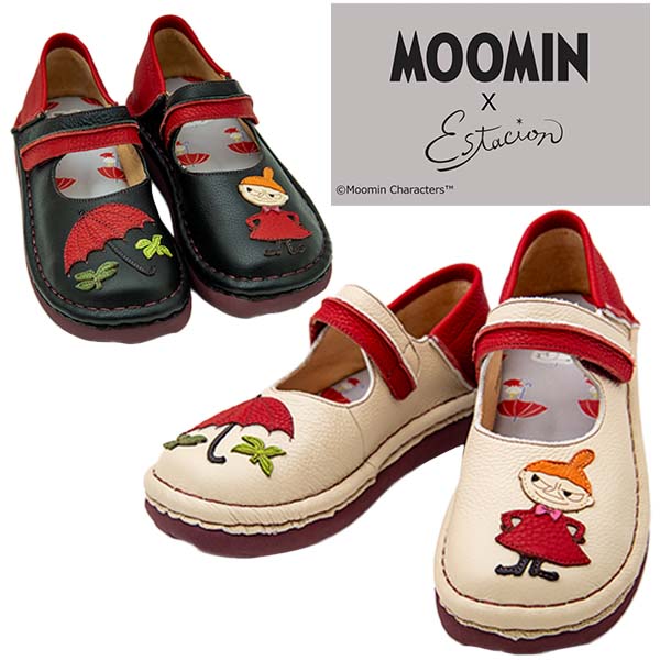 estacion エスタシオン TGE592 レディース シューズ 本革 MOOMIN ムーミン ミイ 傘モチ－フ 新作 マジックベルト 厚底 ゆったり フラットソール 左右柄違い かわいい 疲れにくい ふかふか 人気ブランド カジュアル 可愛い /DC/MR画像