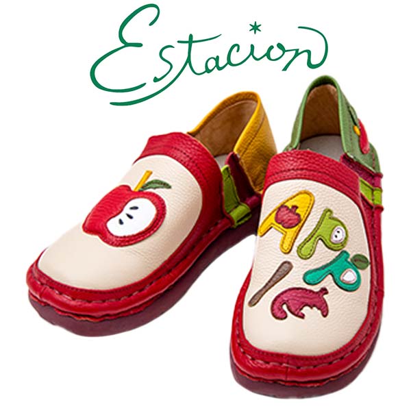 estacion エスタシオン TGE597 レディース シューズ 本革 スリッポン 新作 リンゴ 左右柄違い 厚底ウエッジソール かわいい 牛革 快適 歩きやすい 病みつきな履き心地 カジュアル りんご APPLE レザー レッド /DB/MR
