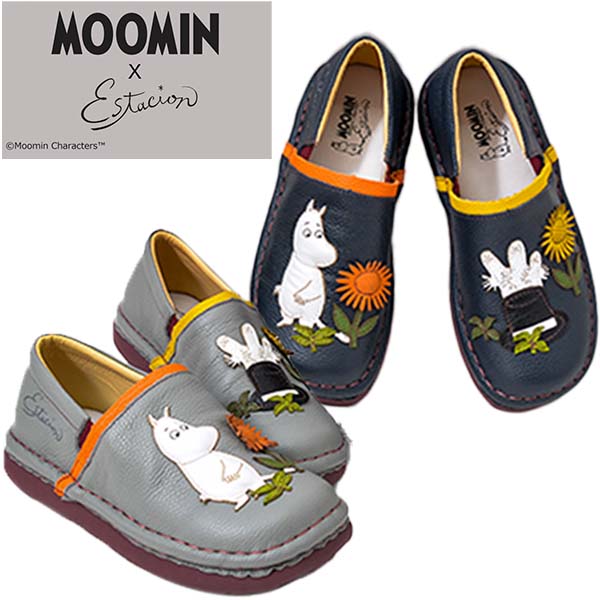 estacion TGE610 レディース スリッポン 本革 MOOMIN ムーミンコラボ ムーミンモチーフ ニョロニョロ 向日葵 左右柄違い 軽量 厚底 コンフォートシューズ フラットソール かわいい 新作 サイドにゴム 人気ブランド カジュアル レザー 可愛い /DM/MR|ショップAnnie