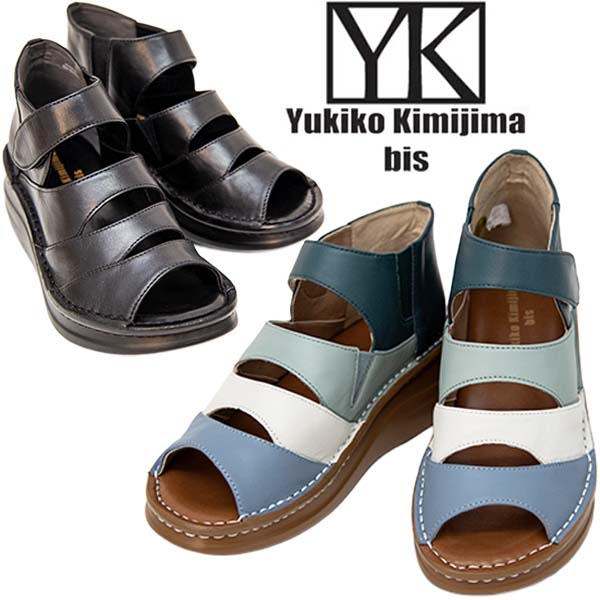 Yukiko Kimijima bis ユキコキミジマビス KA5443 レディース サンダル 本革 ブーツサンダル 厚底 幅広3E サイドゴア 脱ぎ履きスムーズ ネックベルト ウェッジソール マジックテープ フェミニン おしゃれ レザー ブラック Tブルーコンビ /SC/MR|ショップAnnie
