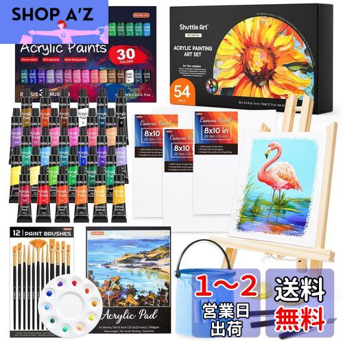 アクリル 絵の具 30色 54点 セット 木製イーゼル 筆 パレット バケツ Amazon | Shuttle Art アクリル絵の具 54点セット 30色絵の具