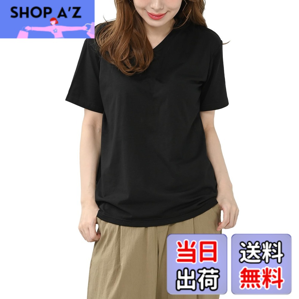 【送料無料】[JANJAM] 大きいサイズ レディース カップ付きTシャツ 無地 半袖 Vネック カットソー トップス 色：ブラック、サイズ：M