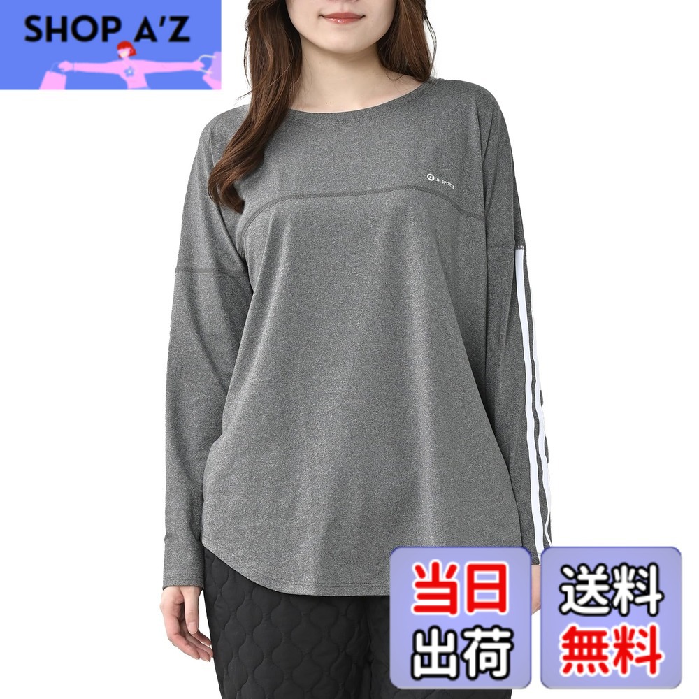 【送料無料】[JANJAM] 大きいサイズ レディース Tシャツ 長袖 袖ライン ラウンドヘム スポーツウェア トップス 色：グレー、サイズ：LL