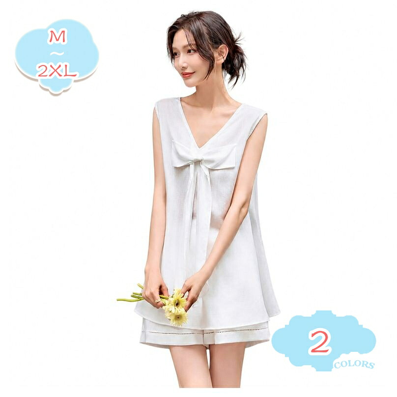 夏服 レディース セットアップ ショートパンツ 着痩せ ノースリーブ 2WAY仕様 リボン Vネック タンクトップ ハーフパンツ 上下セット ゆったり 部屋着 通学 通勤 オフィス デイリー 旅行 大きいサイズ shopcp｜CPショップ