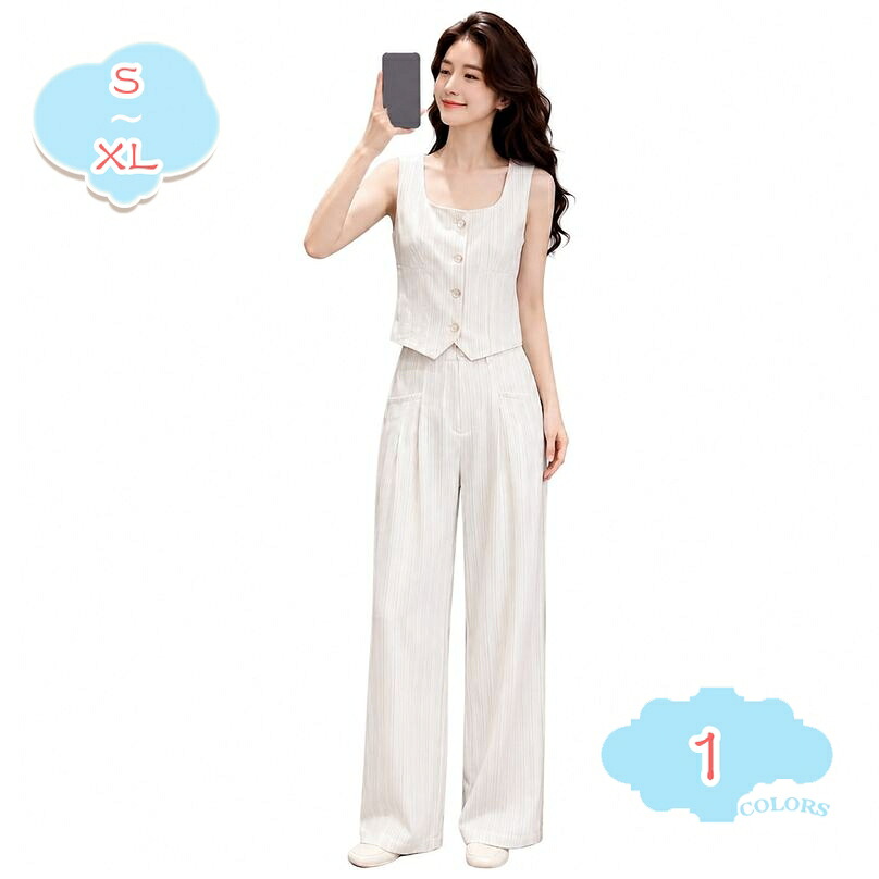 セットアップ レディース 夏服 体型カバー ワイドパンツ ノースリーブ ベスト ストライプ柄 上品 きれいめ オフィス カジュアル 2点セット ゆったり 大きいサイズ shopcp｜CPショップ