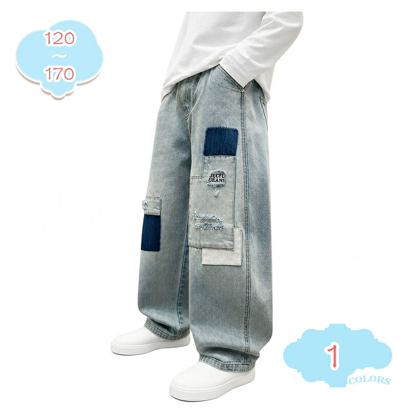 ボーイズ ズ ゆったり デニムパンツ キッズ パッチワーク ロングパンツ ダメージ ジーパン 子供服 長ズボン 男児 ウエストゴム ボトムス カジュアル お出かけ 通学 春秋 大きいサイズ 体型カバー shopcp｜CPショップ