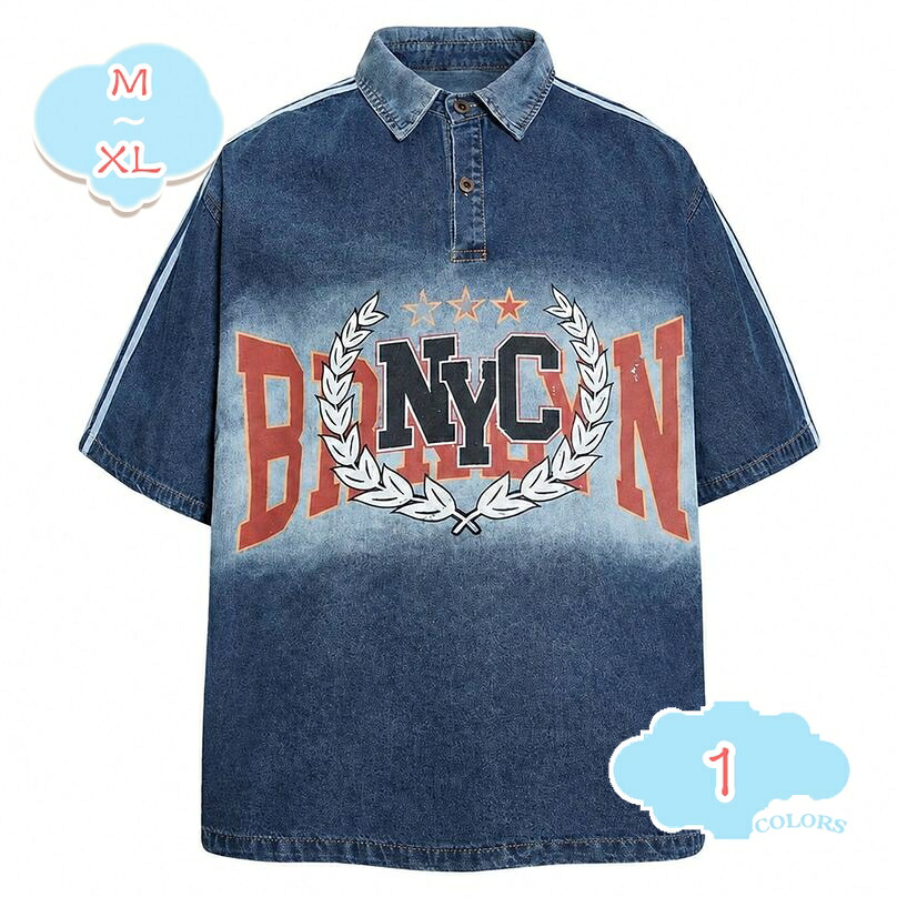 デニムポロシャツ メンズ ゆったり 半袖 襟付き シャツ アメカジ レトロ ルーズフィット tシャツ プルオーバー ストリート系 ヴィンテージ風 カジュアル トップス 夏 shopcp|CPショップ