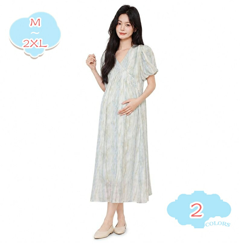 妊婦服 マタニティワンピース ゆったりサイズ 体型カバー ロングワンピ 楽ちん 半袖 五分袖 カシュクール風デザイン Vネック 夏物 リラックスウェア shopcp|CPショップ