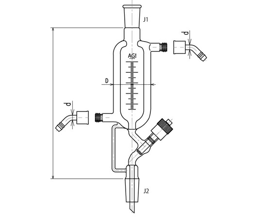 旭製作所 高真空グリースレスバルブ付二重管式分留受器　高真空グリースレスバルブ　PTFE　ウォーターコネクター仕様　200mL 1個 3604-200V-4L-W