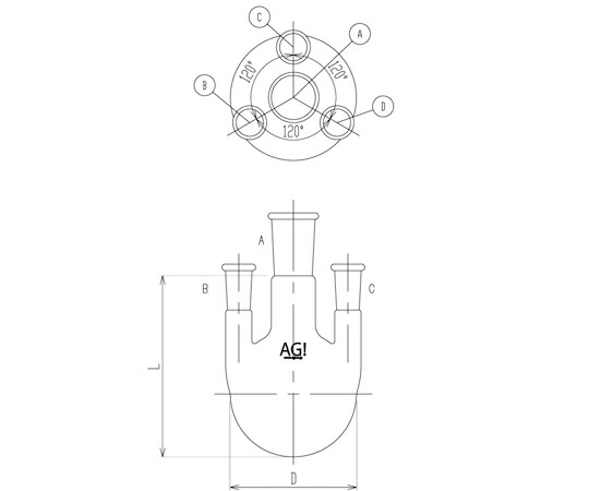 旭製造所 四ツ口瓶 側管垂直方向手合い 1000mL 29/42・24/40 1個 3120-1-5L4L