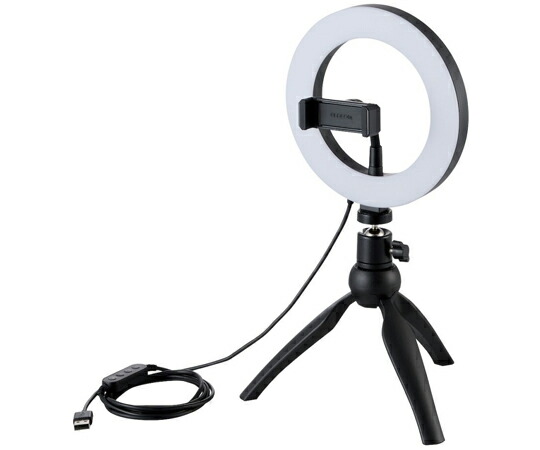 エレコム LEDリングライト　16cm　ミニ三脚スタンド付き　3色モード　10段階調光　USB給電　ブラック 1個 DE-L02BK