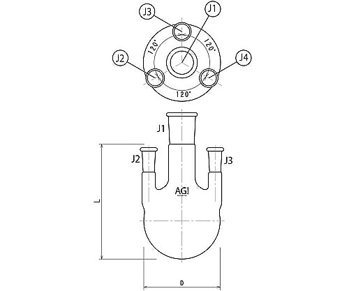 旭製造所 四ツ口瓶 側管垂直方向手合い 500mL 29/42・15/25 1個 3120-500-5L1L