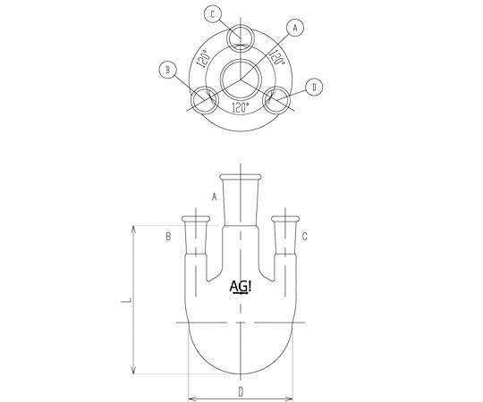 旭製造所 四ツ口瓶 側管垂直方向手合い 1000mL 29/42・19/38 1個 3120-1-5L3L