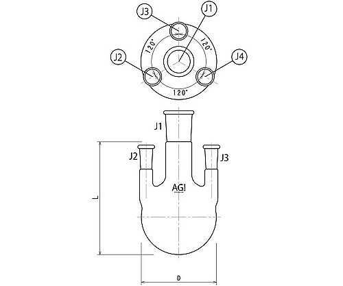 旭製造所 四ツ口瓶 側管垂直方向手合い 500mL 29/42・15/35 1個 3120-500-5L2L