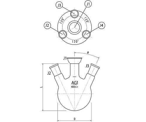 旭製作所 四ツ口蒸留フラスコ 2000mL 35/25・29/42 1個 3192-2-H5L