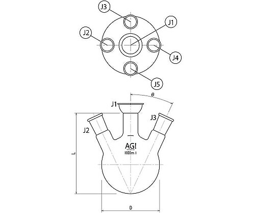 旭製作所 五ツ口蒸留フラスコ 500mL 50/30・15/35 1個 3194-500-J2L