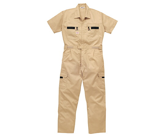 山田辰 縞模様半袖つなぎ服 カーキ 5L 1着 1-8701-K2-5L