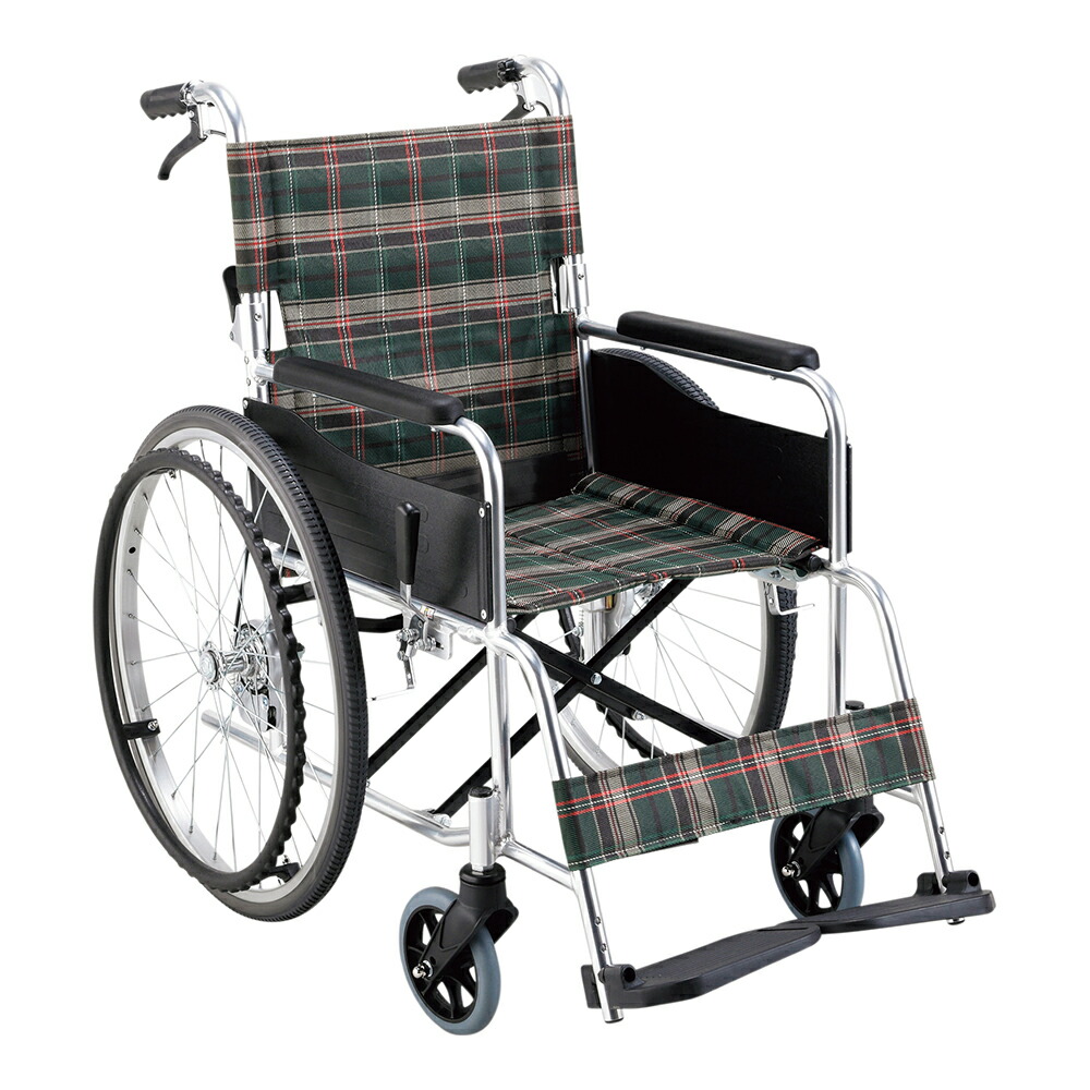 【非課税】 マキテック 車いす　W64×D99.5×H87.5cm　グリーンチェック KS50M-40GCS 1台