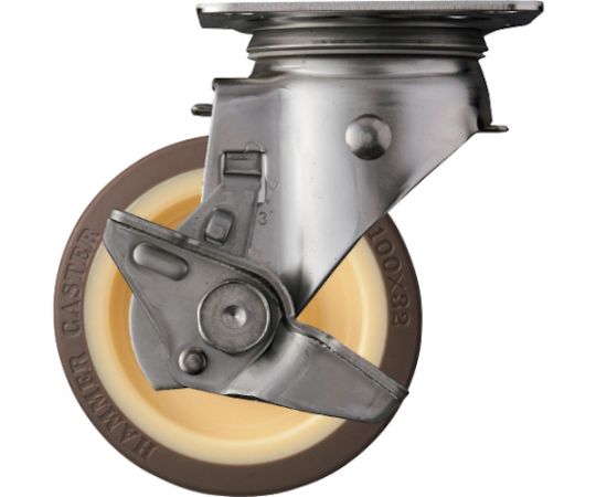 ハンマーキャスター Sシリーズオールステンレス 旋回式ウレタン車輪（ローラーベアリング）100mm ストッパー付 1個 313S-UB100