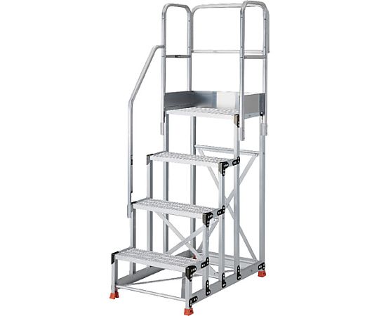【大型品の為別途貨物輸送有】 トラスコ中山 軽銀製御役目用踏台 グレーチングタイプ 4段 高さ1.0m 天板大きさ600×400 段高250粍 上がり段片手摺り天場三方付き添い人 TSFGR-4610-TKS250
