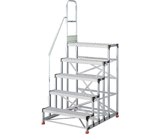 【大型品の為別途貨物輸送有】 トラスコ中山 軽銀製御役目用踏台 グレーチングタイプ 5段 高さ1.5m 天板大きさ1000×400 段高300粍 上がり段片手摺り付き添い人 TSFGR-51015-TK300