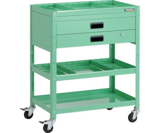 【大型品の為別途送料有】 トラスコ中山 ラビットワゴン 700X450XH880 3段 2段引出付 仕切板2段付 ハンドル付 ゴム車輪 ヤンググリーン RBW-973S2XH YG