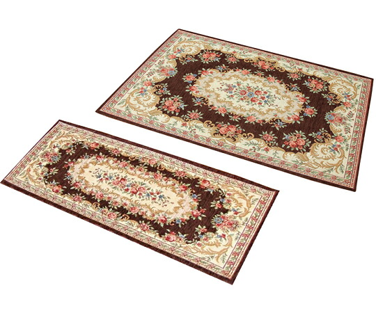 マルナカ 洗えるゴブラン織シェニールマット ボルドー 50×80cm＆30×75cm ブラウン 2枚入 2枚入 6608