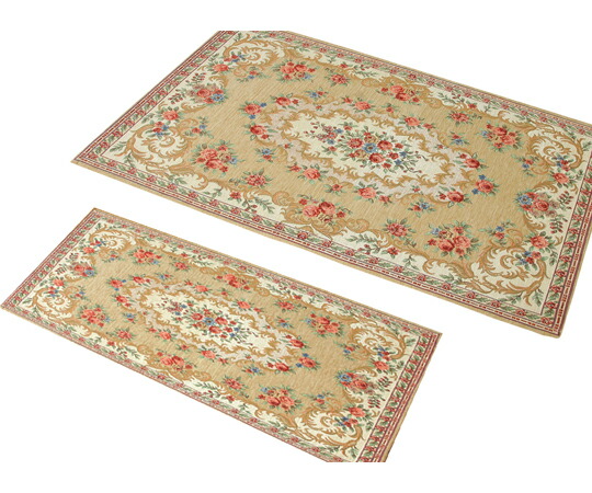 マルナカ 洗えるゴブラン織シェニールマット ボルドー 70×120cm＆30×75cm ベージュ 2枚入 2枚入 6613