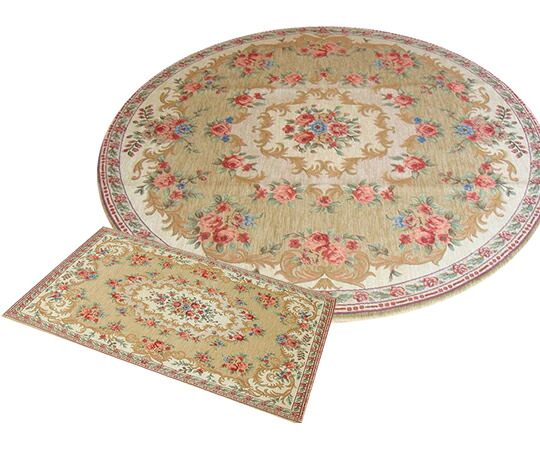 マルナカ 洗えるゴブラン織シェニールラグ＆マットセット ボルドー 160cm円形＆60×90cm ベージュ 2枚入 2枚入 6635