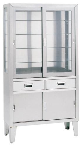 【製造業者直送】ﾌﾟﾗﾑ物の具押し込み(ｽﾃﾝﾚｽ) 引違 W1200×D450×H1700粍 三面瑠璃 瑠璃棚板 PR-173-A-GA 入数：1【代引不可】 衛生日用品・衛生医療品-医薬品・コンタクト・介護