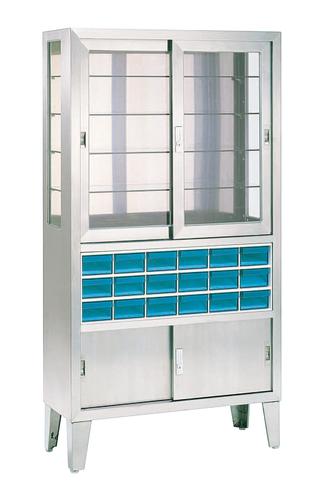 【製造会社直送】ﾌﾟﾗﾑ物の具押し入れ(ｽﾃﾝﾚｽ) 引違 W900×D360×H1700粍 三面玻璃 玻璃棚板 PR-511-A-GA 入数：1【代引不可】
